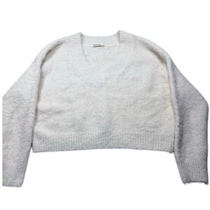 Marine Layer Womens Cream Fuzzy Eyelash Knit V-Neck Cropped Sweater Small